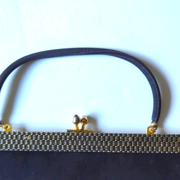 Vintage Black Satin Ande Clutch Purse Gold Embellishments across Top & Snap - Picture 5 of 8